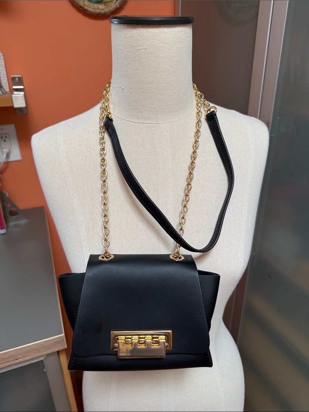 Zac Posen Classic Black Leather Crossbody Bag with Gold Chain